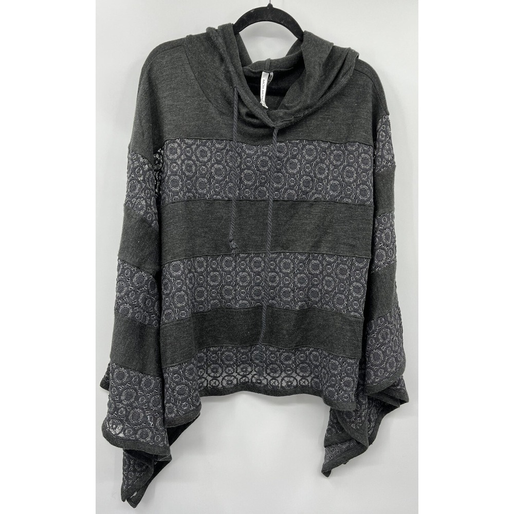 MurMur Hooded Lace Inset Hooded Cowl Neck Poncho Size Large Geometric Print